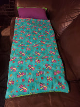 Load image into Gallery viewer, Happy Dragons! (Turquoise and Purple) Sleeping Bag