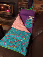 Load image into Gallery viewer, Happy Dragons! (Turquoise and Purple) Sleeping Bag